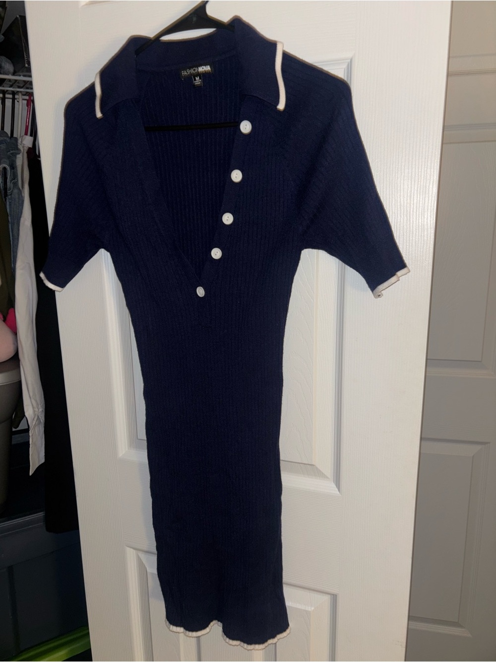 Fashion Nova Navy Midi Ribbed Polo Dress with White Trim